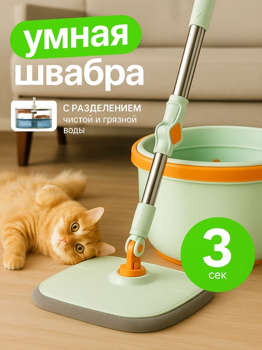 Умная швабра из микрофибры c ведром, моет только чистой водой, 2.5 литра - 