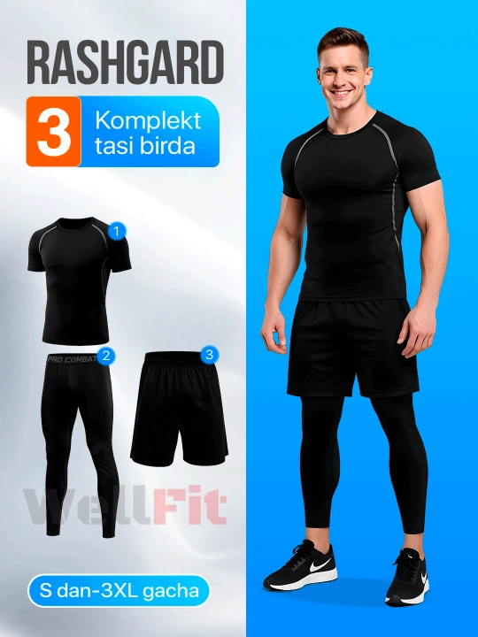 Rashgard erkaklar uchun 3 tasi 1 da, fitness uchun sport kiyimi, zal va yugirish uchun - 