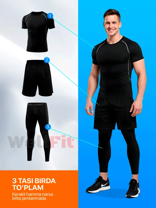 Rashgard erkaklar uchun 3 tasi 1 da, fitness uchun sport kiyimi, zal va yugirish uchun