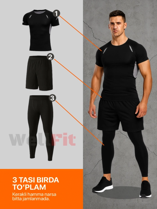 Rashgard erkaklar uchun 3 tasi 1 da, fitness uchun sport kiyimi, zal va yugirish uchun