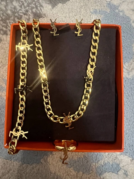 Комплект YSL цепочка, кулон, толстый браслет, серьги, кольцо, женская бижутерия