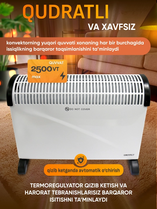 Elektr isitkich konvektor, pechka uy uchun 2500W, 3 xil isitish rejimi