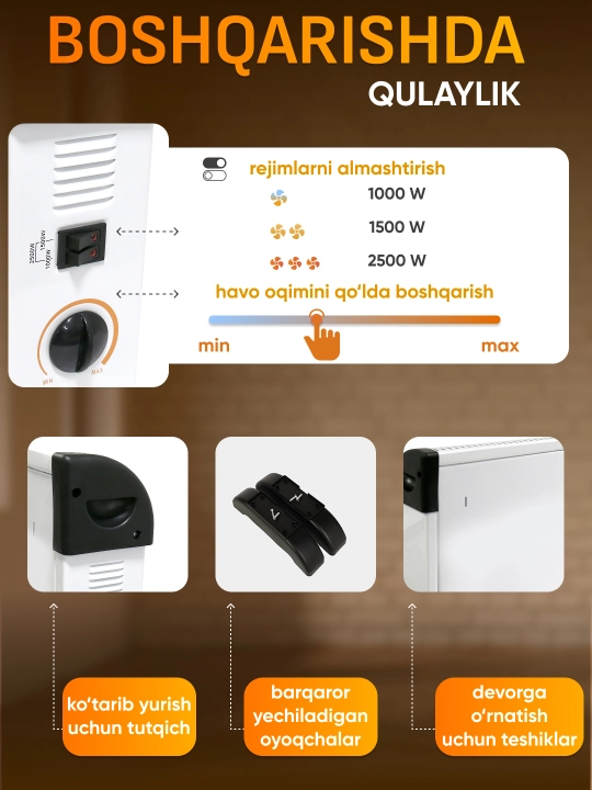 Elektr isitkich konvektor, pechka uy uchun 2500W, 3 xil isitish rejimi