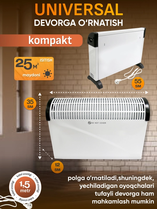 Elektr isitkich konvektor, pechka uy uchun 2500W, 3 xil isitish rejimi