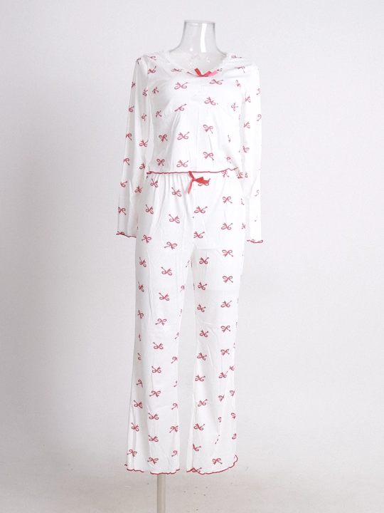 Ayollar pijama komplekti bantiklar bilan, uzun shimli, paxta matoli