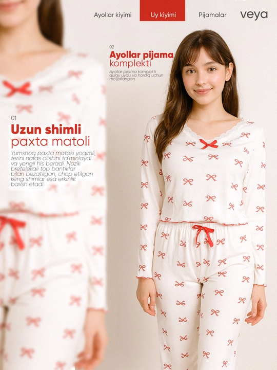 Ayollar pijama komplekti bantiklar bilan, uzun shimli, paxta matoli - 