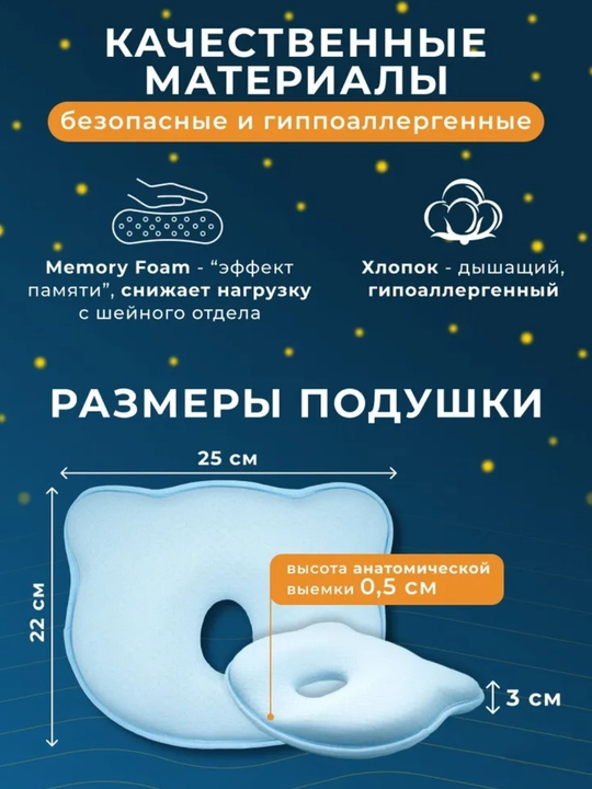 Подушка ортопедическая для новорождённых с анатомическим дизайном и эффектом памяти 3D