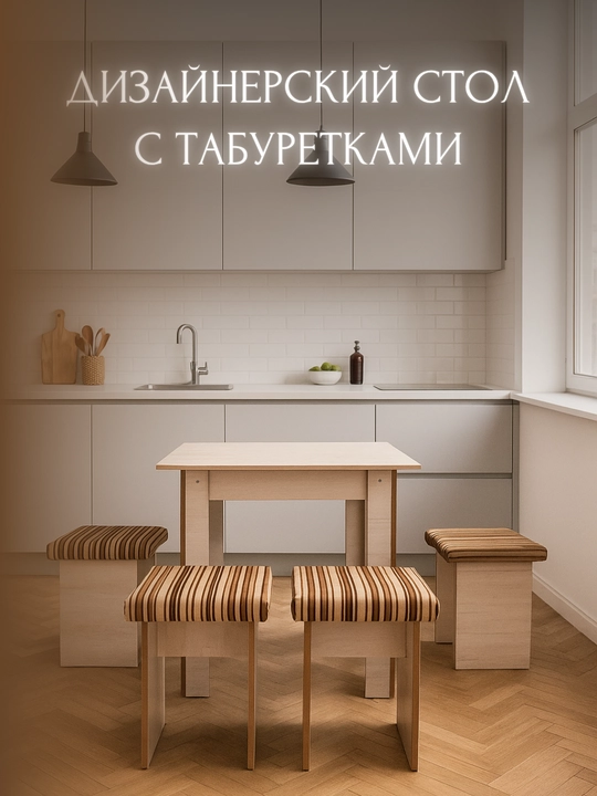 Кухонный стол с пуфами, универсальный, для дома - 