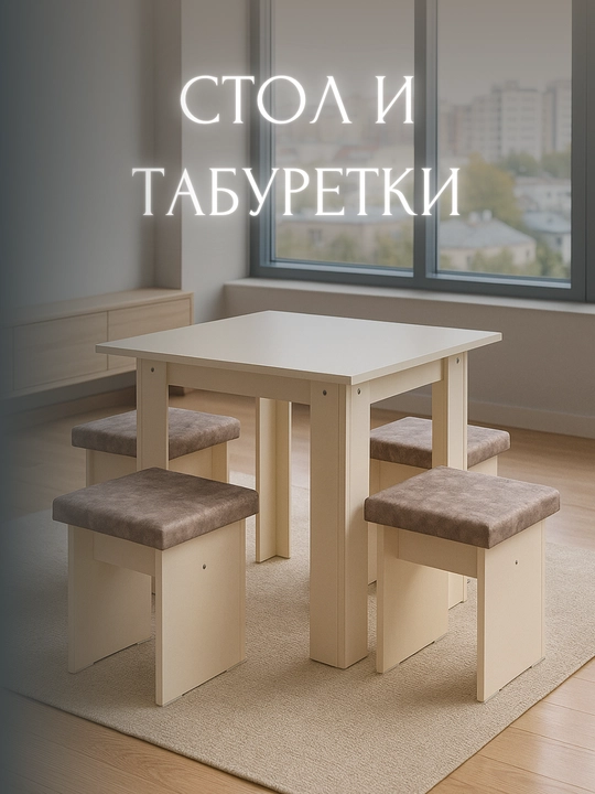 Кухонный стол с пуфами, универсальный, для дома - 