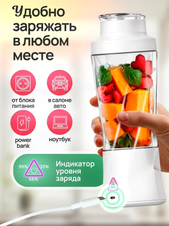 Portativ blender, qo‘l mini-sheykeri, 3 tasi 1 da, smuzi tayyorlash uchun, kuchli, 600 ml