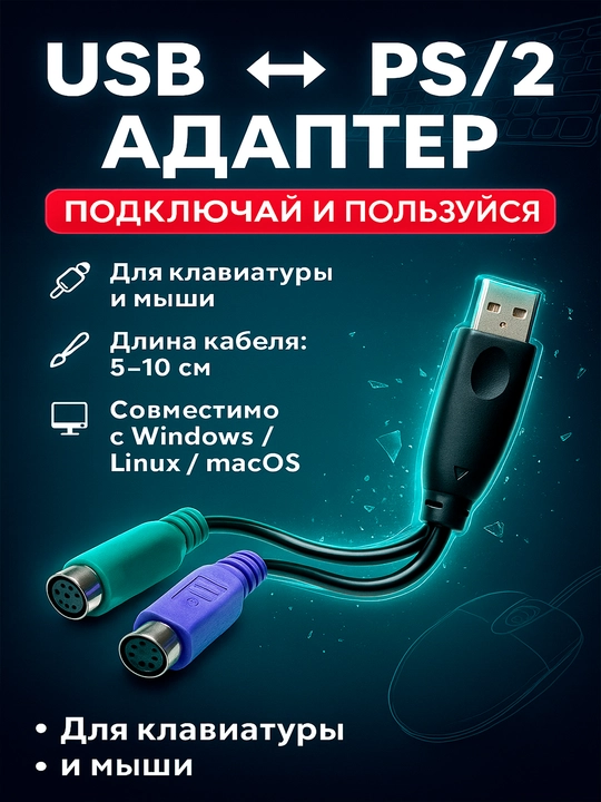 USB → PS/2 konvertor — klaviatura va sichqonchani ulash uchun adapter - 