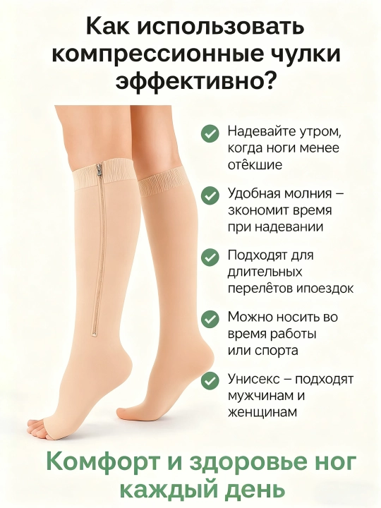 Zip Sox varikozga qarshi kompressli paypoqlar, nano qoplamali fermuarli paypoqlar, 2 dona