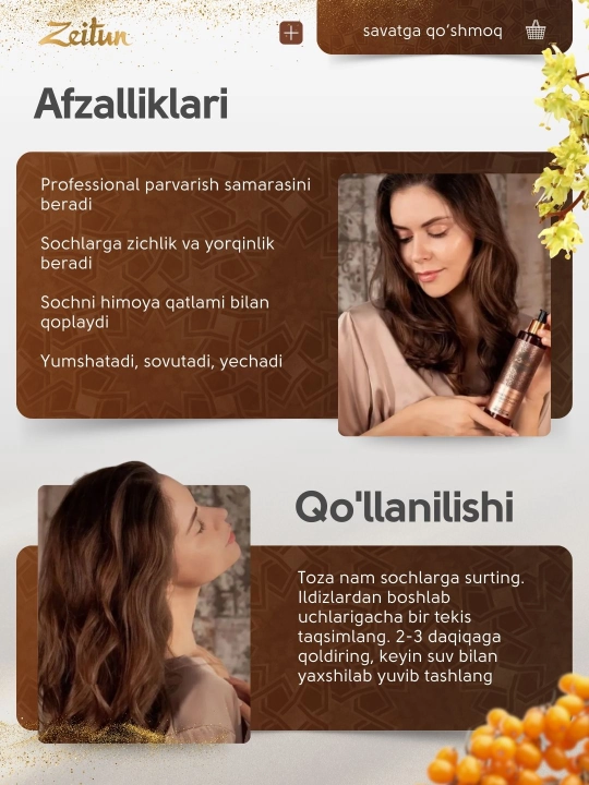 Zeitun sochlar uchun balzam-konditsioner, laminatsiya effekti bilan, 250 ml