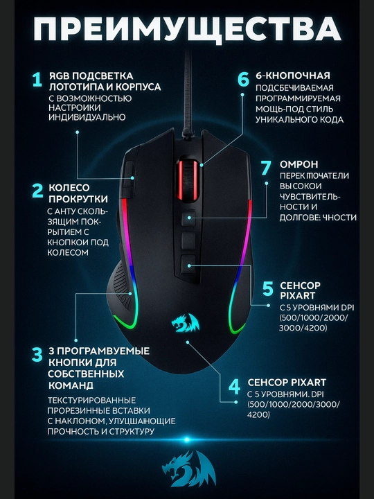 Simli o'yin sichqonchasi Redragon PREDATOR M612-RGB