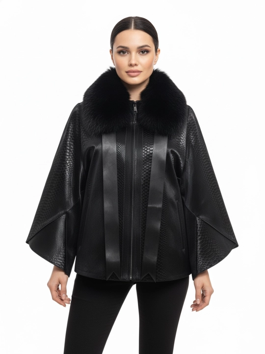Ayollar kurtkasi-poncho, yoqali charm, kalta model "Keyp" - 