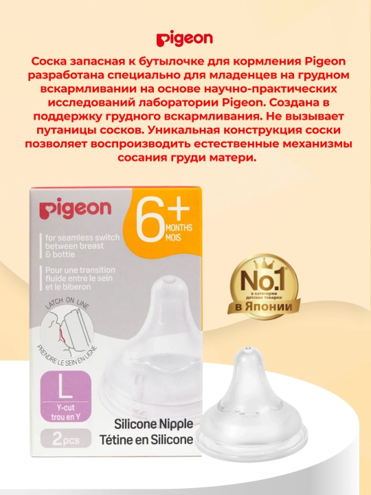 Oziqlantirish shishasi uchun PIGEON silikon so'rg'ich, L, 2 dona