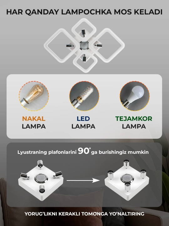 Lyustralar LED musiqali, 3 xil yorug'lik rejimli, pultli, uy va ofis uchun chiroq