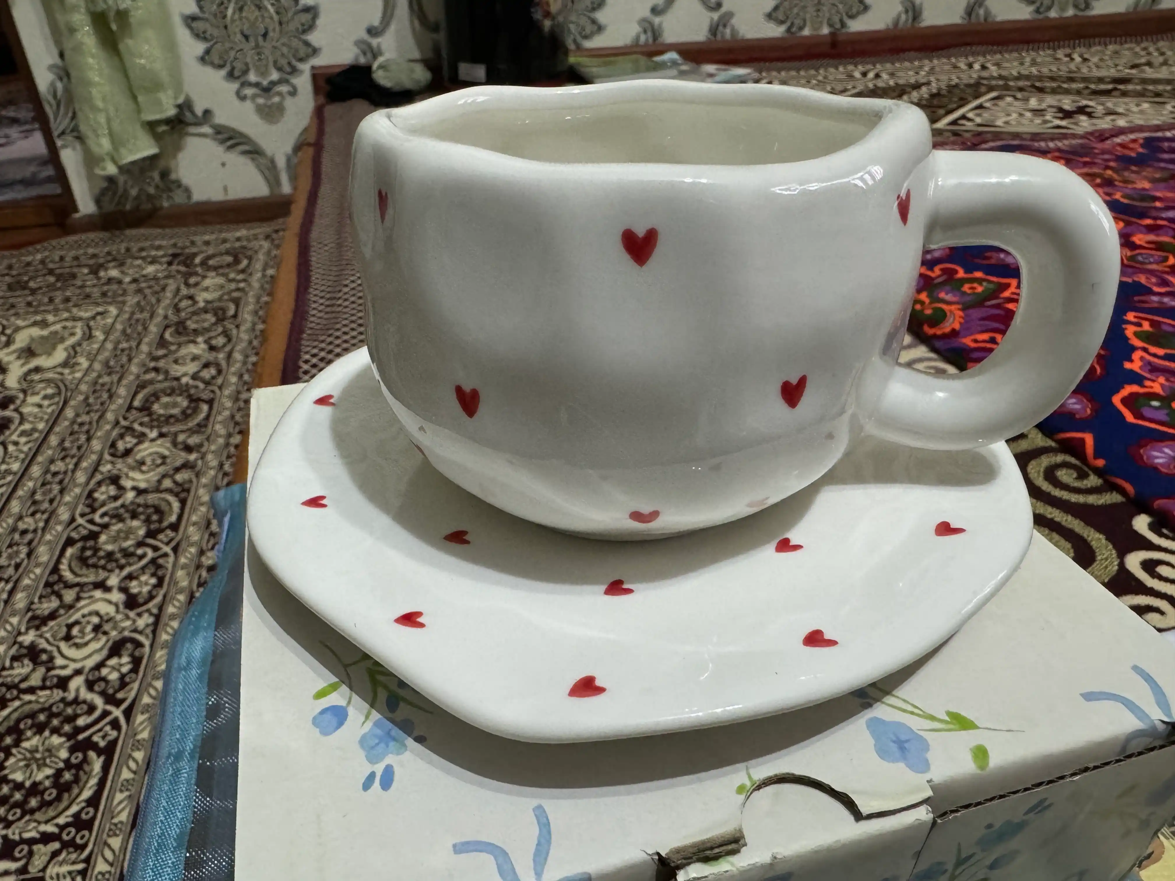 Choy jufti, 280 ml, keramika krujka likopcha bilan choy, qahva, kapuchino va latte uchun