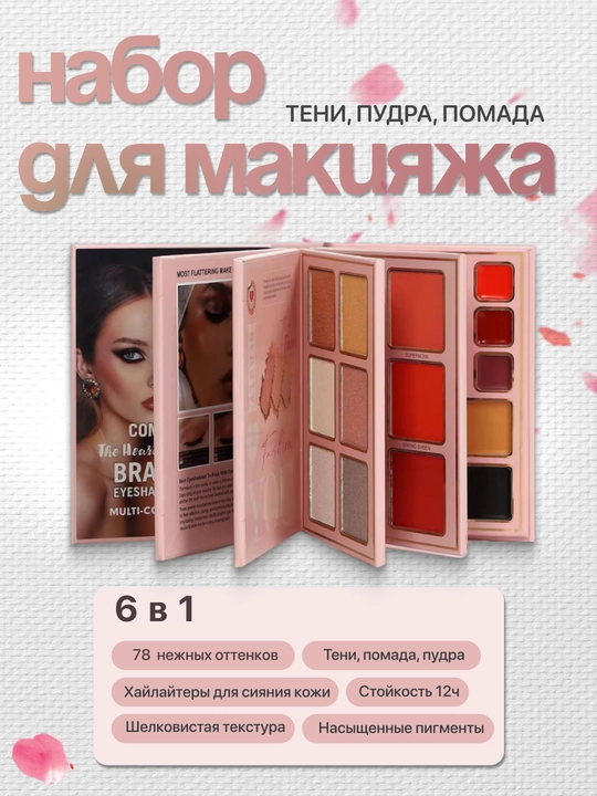5 ta 1 da makiyaj uchun paletka-kitob: soyalar, xaylayterlar, rumyana, bronzer, haykaltarosh, lab bo‘yog‘i - 