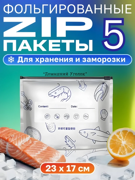 Пакеты с фольгой и замком-слайдером,для хранения и заморозки продуктов,23*17/26Х29 см 5 шт
