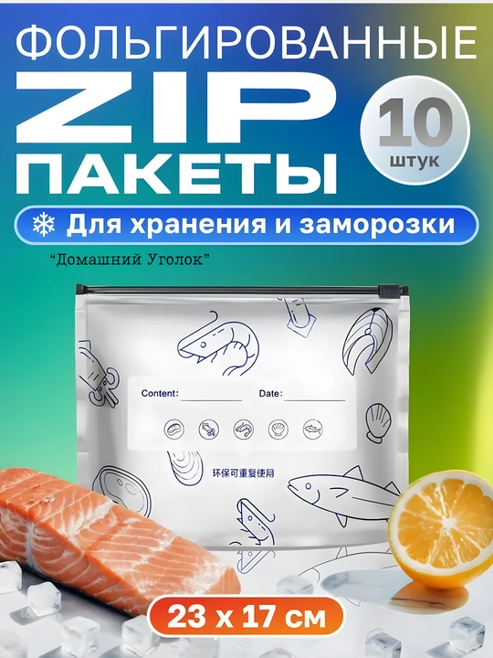 Пакеты с фольгой и замком-слайдером,для хранения и заморозки продуктов,23*17/26Х29 см 5 шт