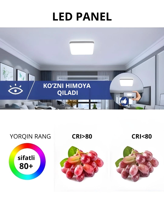 Lyustra LED panelli, 2 xil shakl, oq yorug'lik, devor va patolok uchun chiroq, qandil