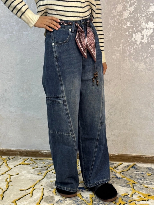 Ayollar uchun keng jensi shimlari, koreys uslubi - oversize, baggi, baland bel