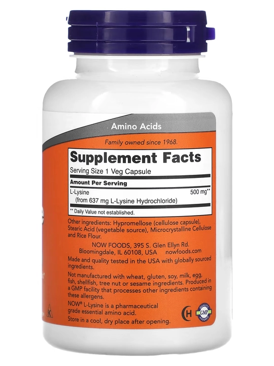 L-lizin, Now Foods, 500 mg, 100 o‘simlik kapsulalari