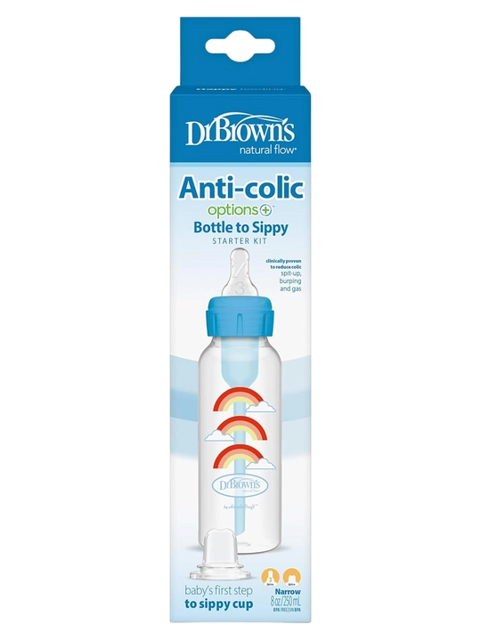Dr. Brown’s tor og‘izli 250 ml butilka Starter Kit Option+ (Pushti / Ko‘k), antikolik