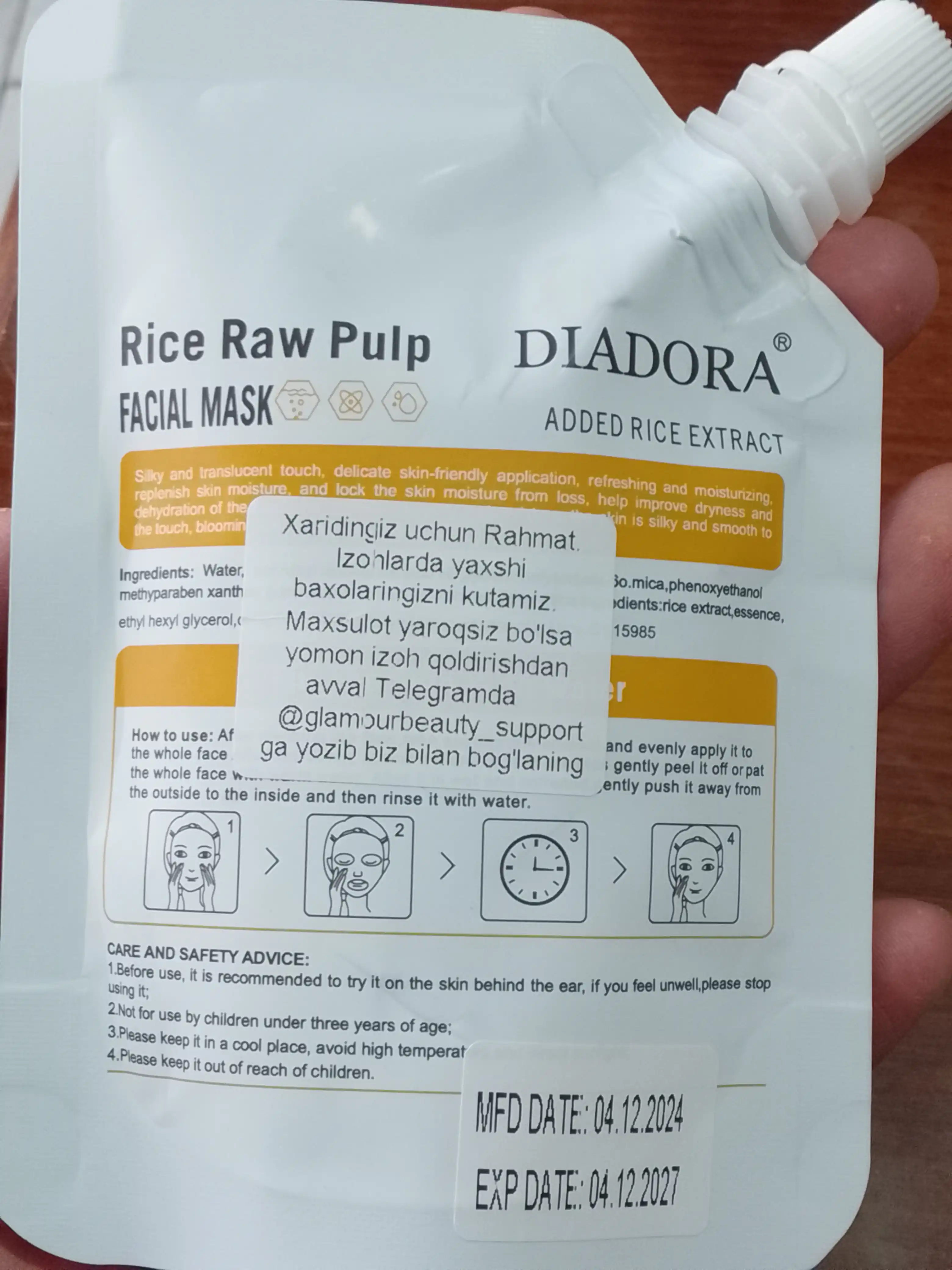 Bioaqua Rice Raw Pulp yuz niqobi, 100 g — namlovchi, oziqlantiruvchi va oqartiruvchi