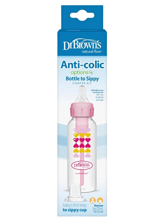Dr. Brown’s tor og‘izli 250 ml butilka Starter Kit Option+ (Pushti / Ko‘k), antikolik