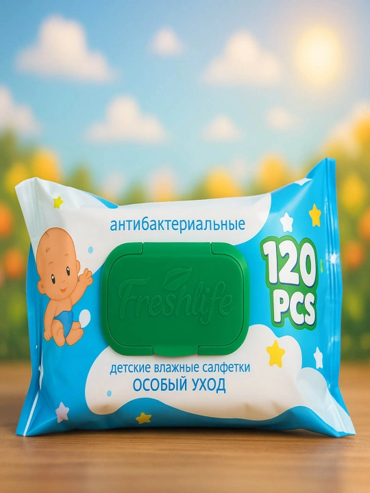 Влажные салфетки для детей Freshlife Kids Blue, гипоаллергенные 120 штук - 