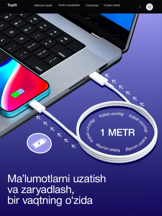 IPhone uchun zaryadlash qurilmasi, tez zaryadlovchi 20 Vt, Type-Cdan Lightning kabel bilan
