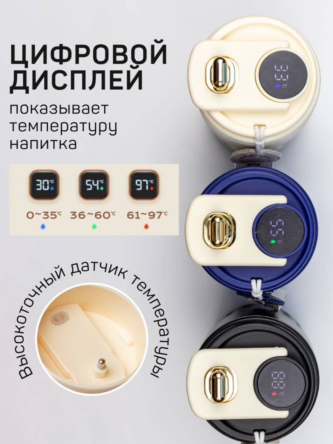 Termokrujka qahva uchun, termos krujka, harorat sensori bilan, 460 ml