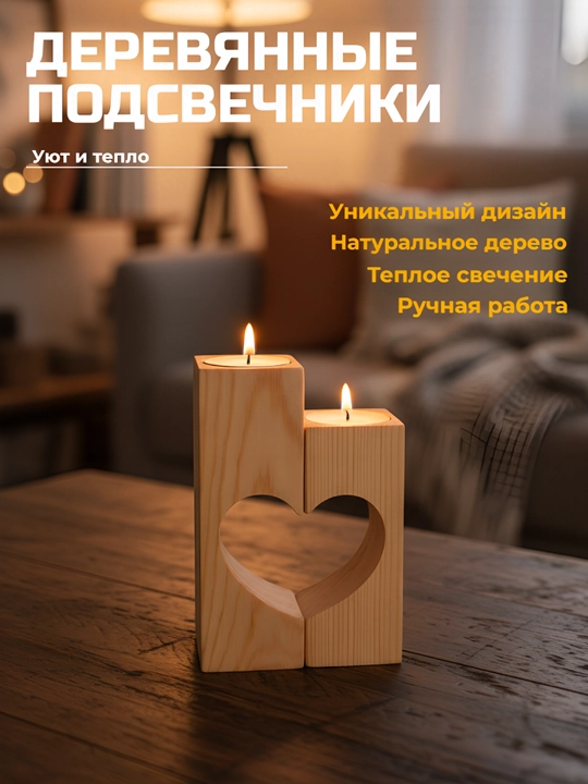 Подсвечники деревянные «Сердце», набор 2 шт