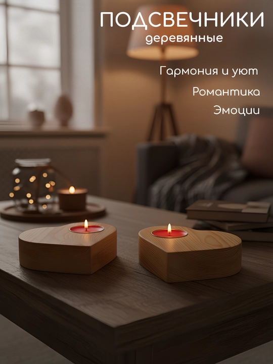 Подсвечники деревянные «Сердце», набор 2 шт