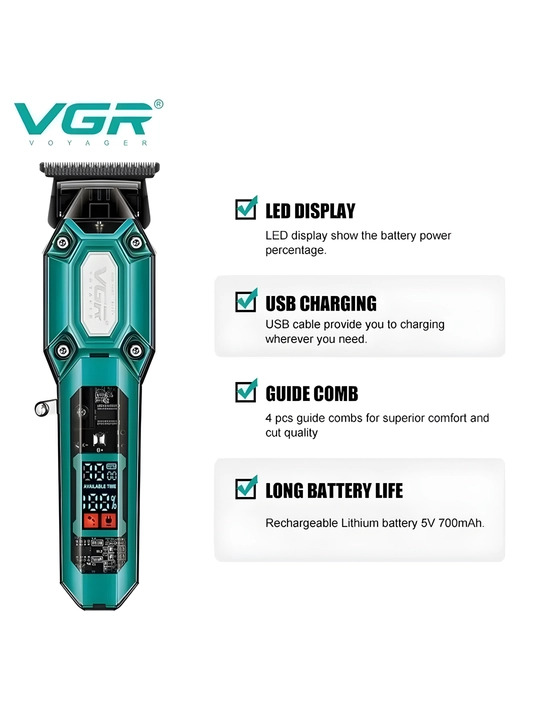 VGR Trim триммер,машинка для стрижки волос и бороды, LED дисплей, USB, 8 насадок