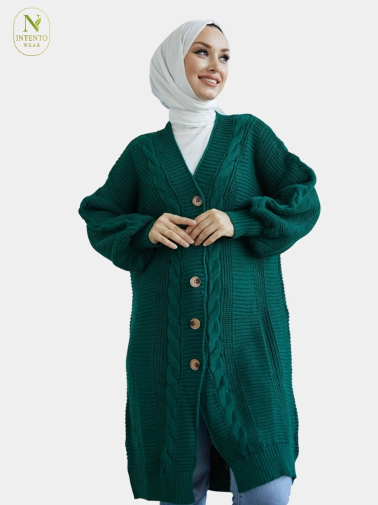 Ayollar kardigani, to‘qilgan kardigan, katta o‘lchamli uzun