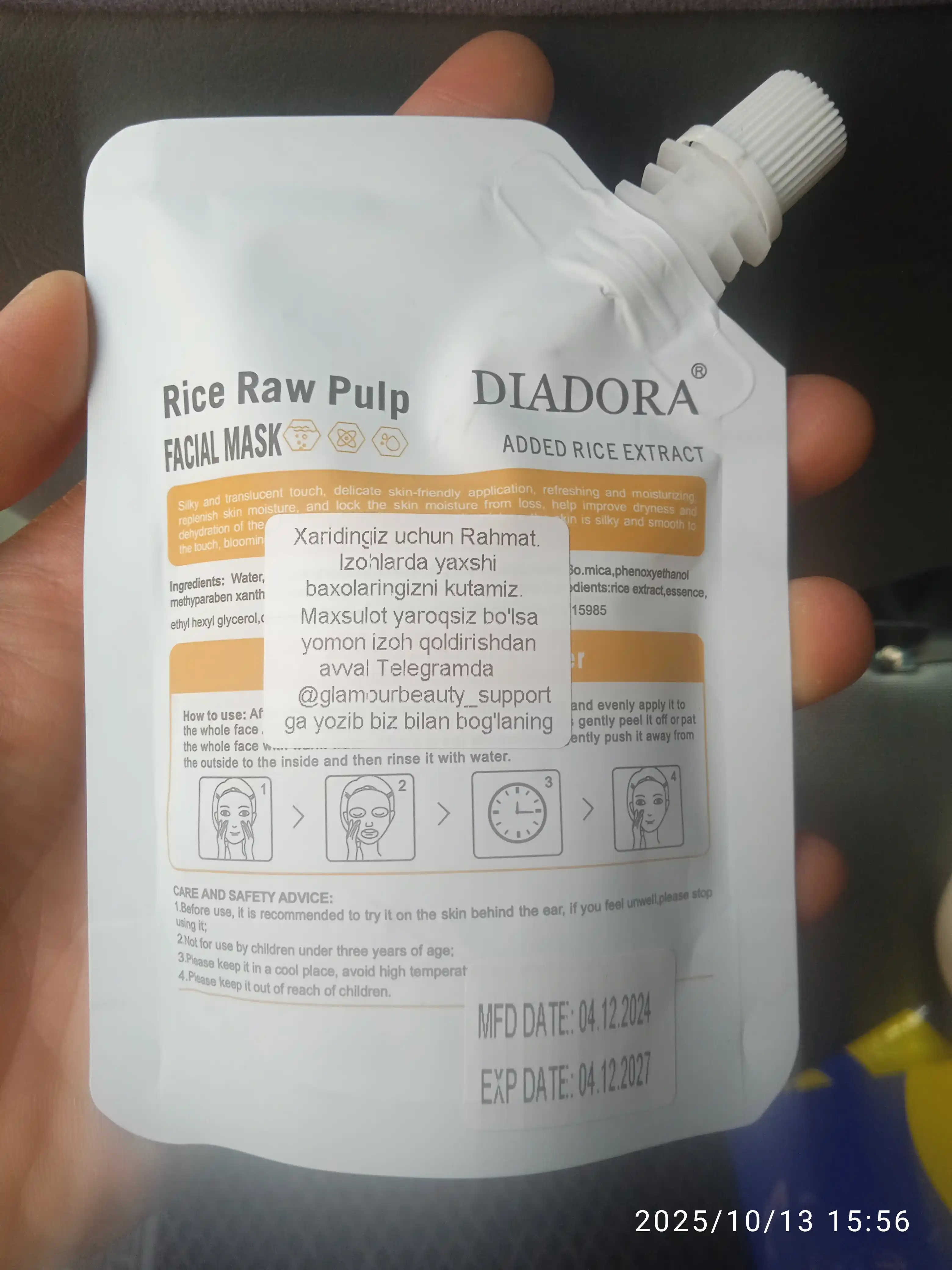 Bioaqua Rice Raw Pulp yuz niqobi, 100 g — namlovchi, oziqlantiruvchi va oqartiruvchi