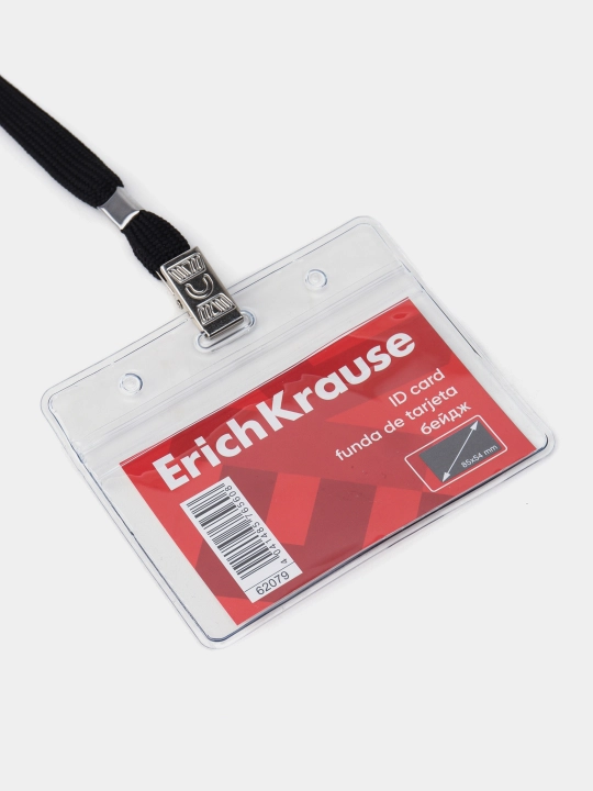Бейдж горизонтальный в комплекте с лентой ErichKrause 95х58 мм, прозрачный, 62071