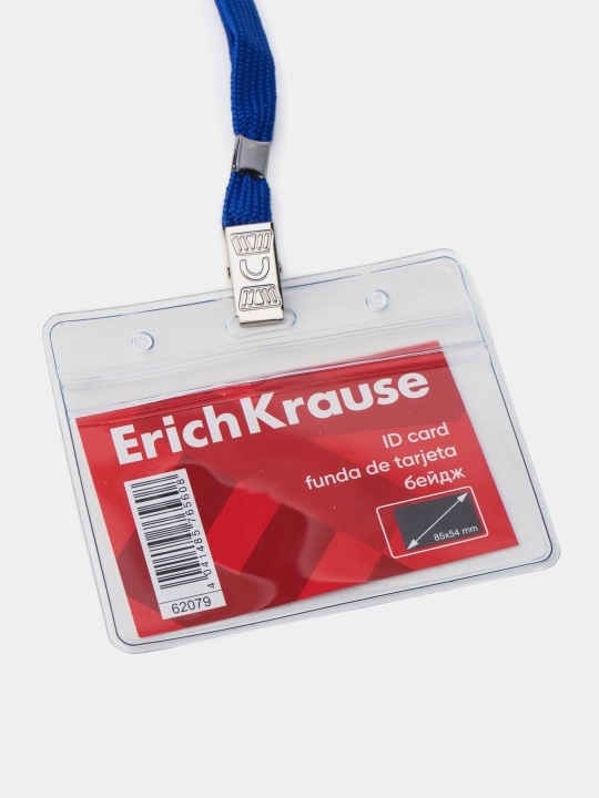 Бейдж горизонтальный в комплекте с лентой ErichKrause 95х58 мм, прозрачный, 62071