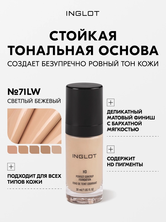 Inglot HD Perfect Coverup Foundation тональная основа 30 мл, стойкая, матирующая - 