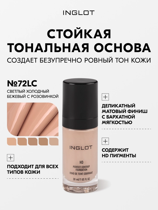 Inglot HD Perfect Coverup Foundation тональная основа 30 мл, стойкая, матирующая - 