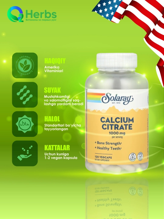 Kalsiy sitrat, Solaray, 1000 mg, 120 ta vegetarian kapsula - 
