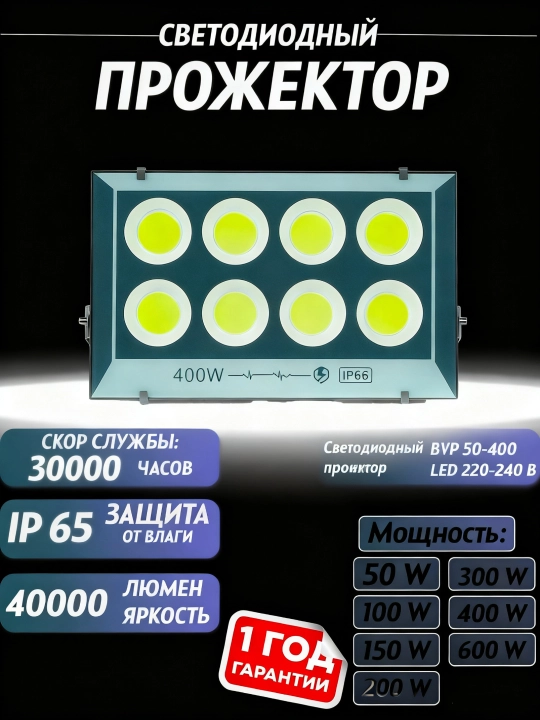 LED proyektor 50–600W, 220–240V, suv va changdan himoyalangan IP65, bardoshli - 