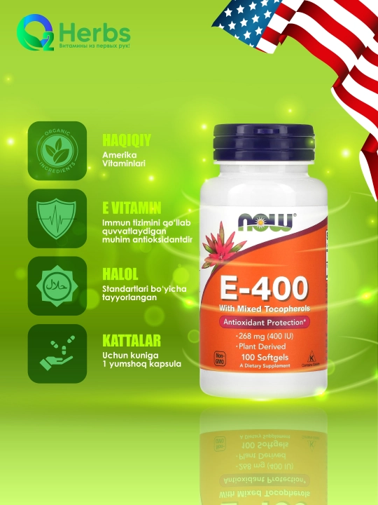 NOW Foods, E-400, 268 mg (400 IU), 100 kapsulalar - 