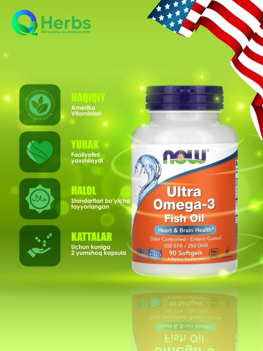 NOW Foods, Ultra Omega-3, baliq yog’i, 90 kapsulalar - 