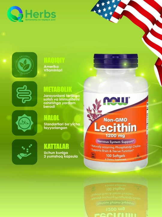 NOW Foods, Lesitin, Letsitin, 1200 mg, 100 kapsulalar - 