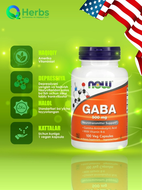 NOW Foods, ГАМК с витамином B6, 500 мг, 100 вегетарианских капсул - 