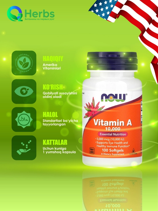 NOW Foods, A vitamini, 10 000 IU, 100 tabletkalar - 